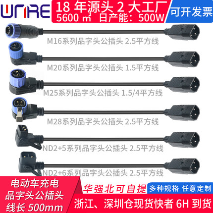 锂电池充电转接头雅迪哈喽绿源美团共享电动车2+6品字公插头带线