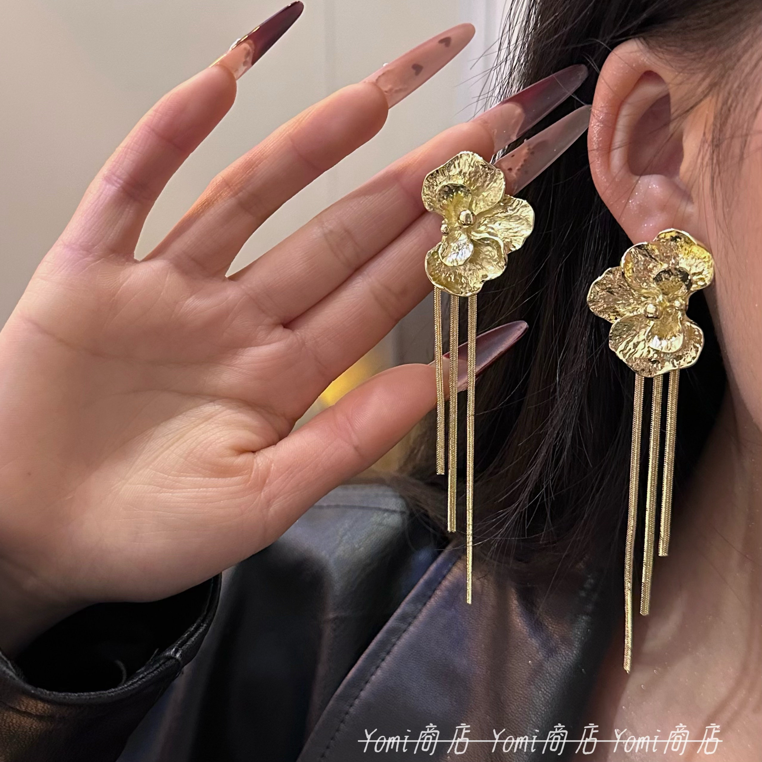 浪漫法式复古金属花朵流苏长款耳耳环