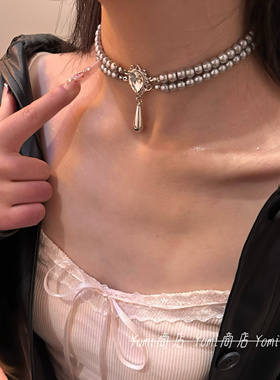 灰色双层珍珠项链配年会礼服的锁骨链潮轻奢小众颈链choker配饰女