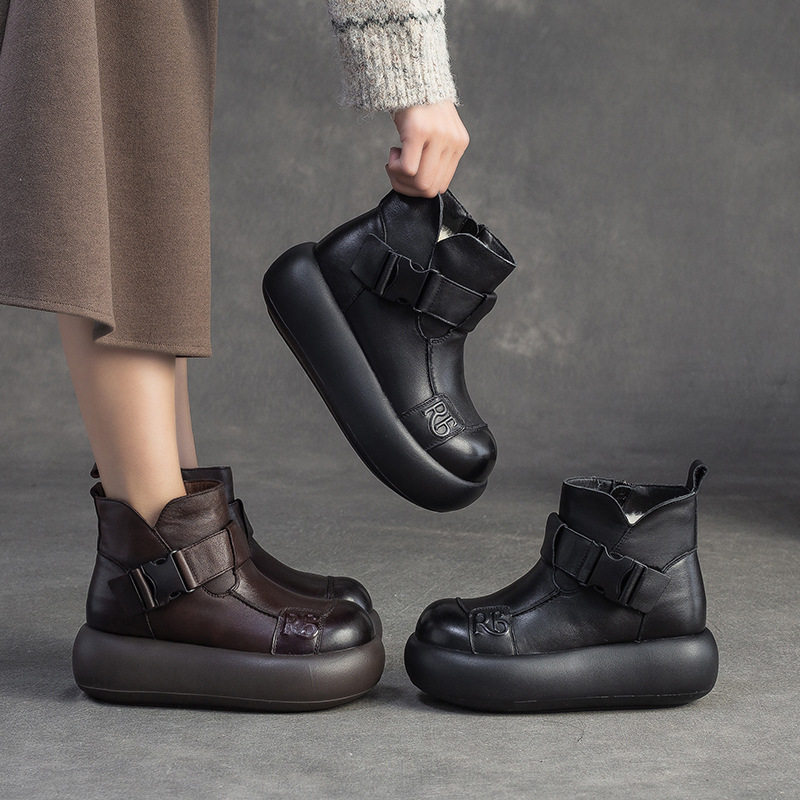 杰骤2025冬季新款小个子头层牛皮短靴百搭复古马丁靴时尚女鞋