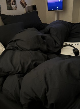 ins软糯亲肤水洗棉床上四件套纯黑色被套床单学生宿舍三件套床笠