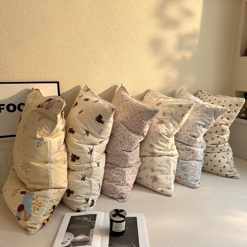 ins韩系新款舒适皱皱纱枕套一对装印花蕾丝边枕头套可拆洗枕芯套