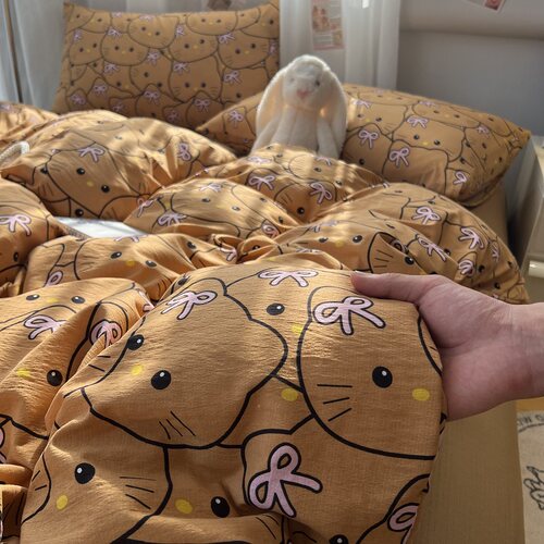 咖色可爱大头猫咪云感纱四件套