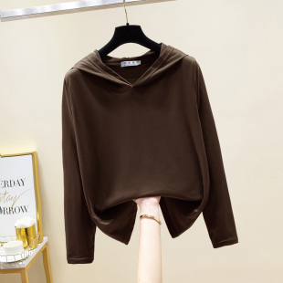 开春咖色卫衣女长袖t恤连帽薄款打底2024新款大码宽松时尚帽衫秋