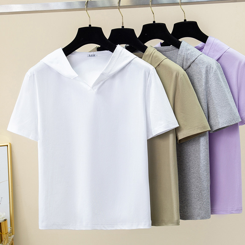 2026新款正肩开襟连帽短袖t恤女士纯棉夏季卫衣大码带帽宽松薄款