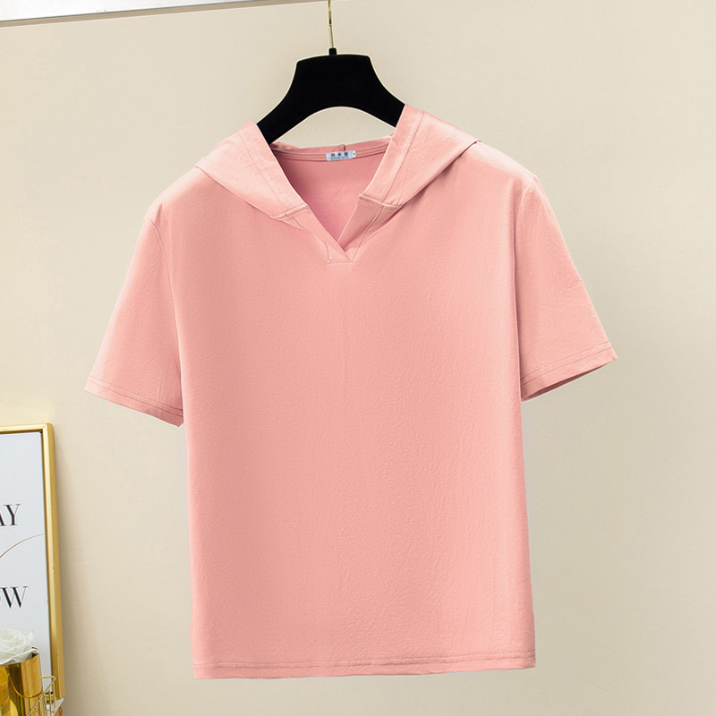 2026新款正肩开襟连帽短袖t恤女纯棉夏季卫衣大码带帽粉色薄款潮