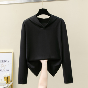 2026新款春秋黑色连帽长袖t恤女薄款宽松大码带帽卫衣夏纯棉帽衫