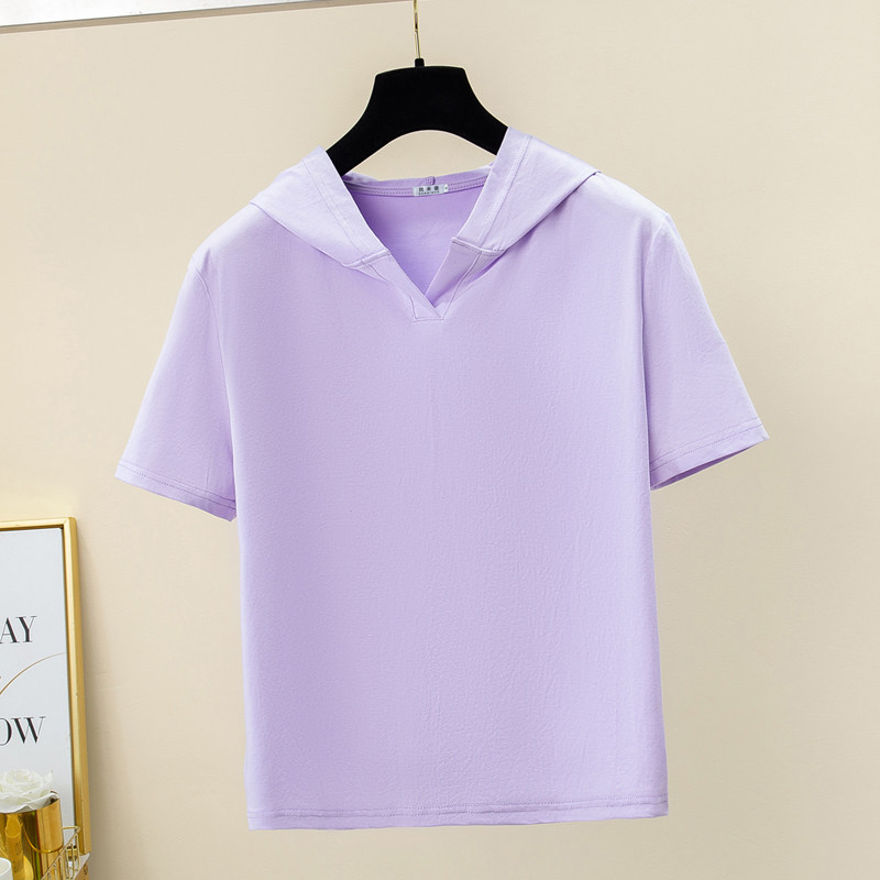 2026新款正肩开襟连帽短袖t恤女士纯棉夏季卫衣大码带帽紫色薄款