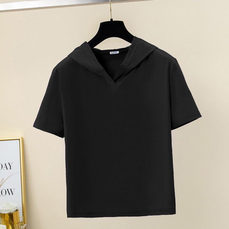 2026新款正肩开襟连帽短袖t恤女士纯棉夏季卫衣大码带帽黑色薄款
