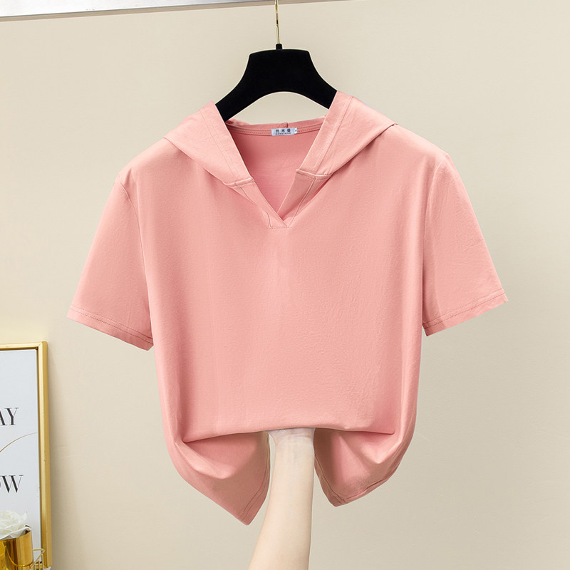 2026新款正肩开襟连帽短袖t恤女纯棉夏季卫衣大码带帽小个子薄款