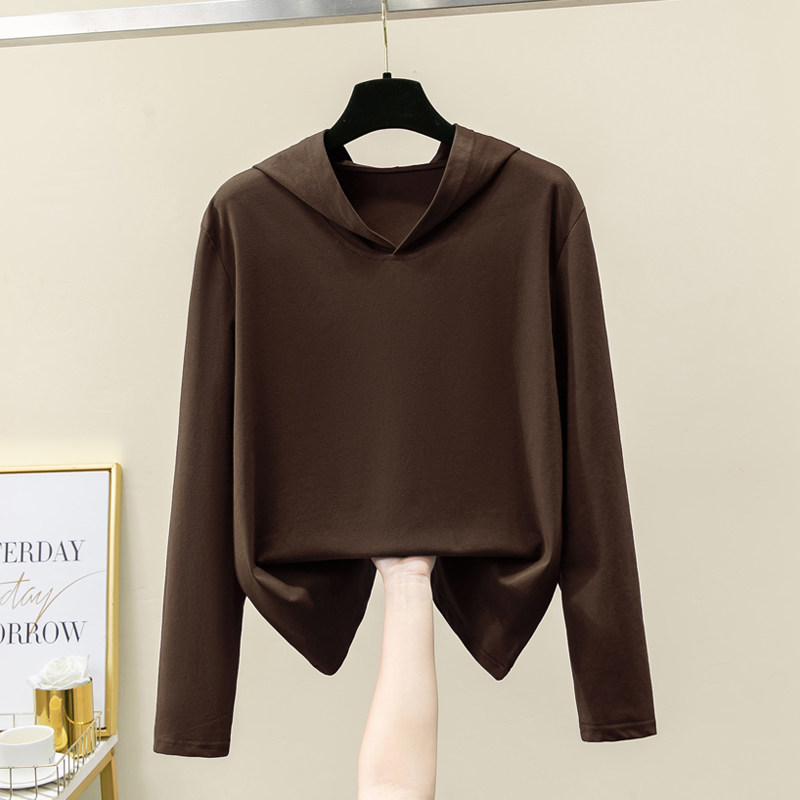 2026新款连帽长袖t恤女士春秋纯棉带帽卫衣薄款显瘦大码咖色帽衫