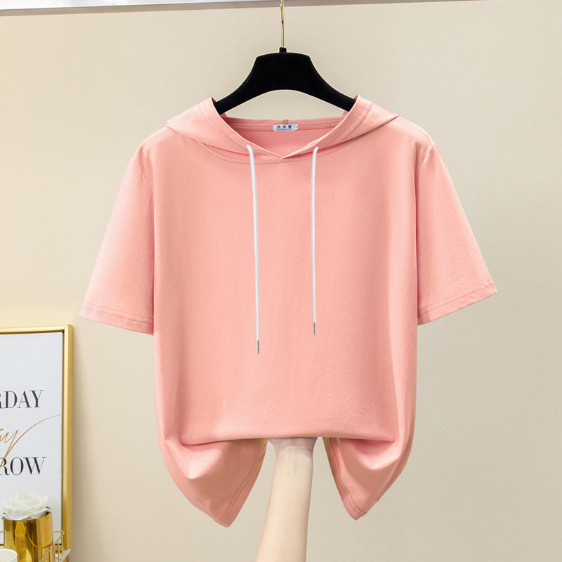 2026新款正肩连帽短袖t恤女士纯棉夏季卫衣大码宽松带帽夏天薄款
