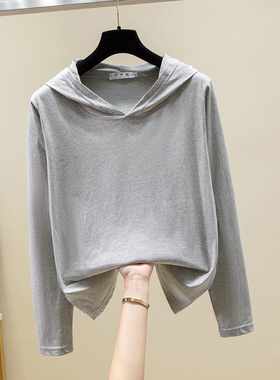 开春纯棉灰色长袖t恤女卫衣连帽2026新款春秋带帽薄款帽衫大码潮