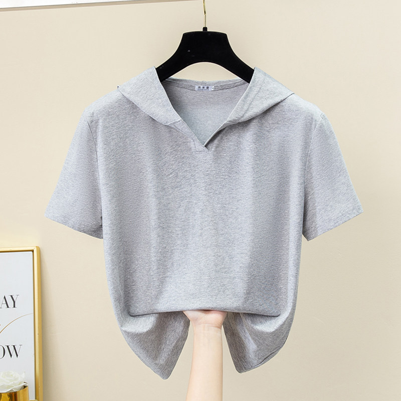 2026新款正肩开襟连帽短袖t恤女纯棉夏卫衣大码带帽爆款洋气薄款