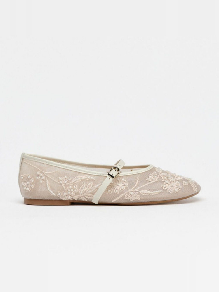 Fashionable outerwear ballet shoes ZA2026 spring new mesh pearl embroidery shallow round toe flat flats for women