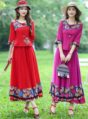 民族风大码唐装棉麻套装春夏秋复古修身七分袖上衣半身裙两件套装