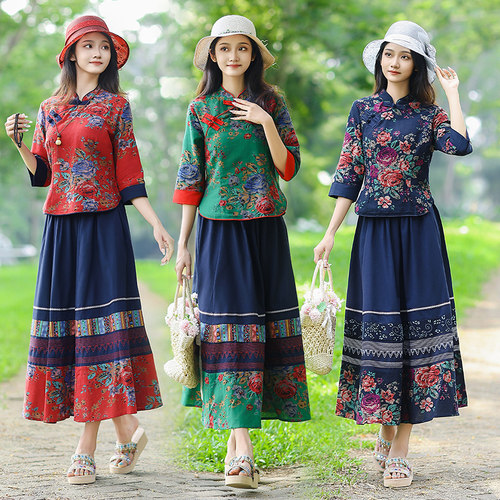 复古风民族风春秋七分袖上衣大摆裙两件套棉麻套装女民国风时尚裙