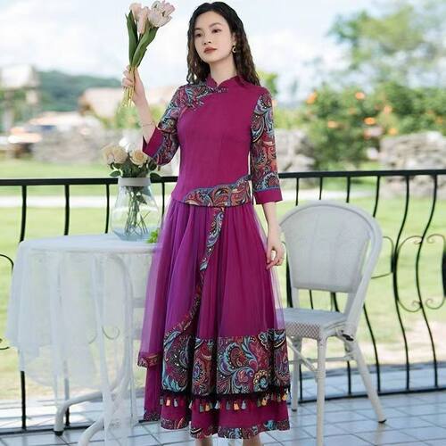 中国风印花中式改良旗袍上衣套装女秋装流苏大摆半身裙修身两件套