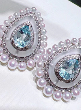 akoya2-4mm正圆无瑕海水珍珠耳饰18K白金镶嵌钻石0.46c海蓝2.16ct