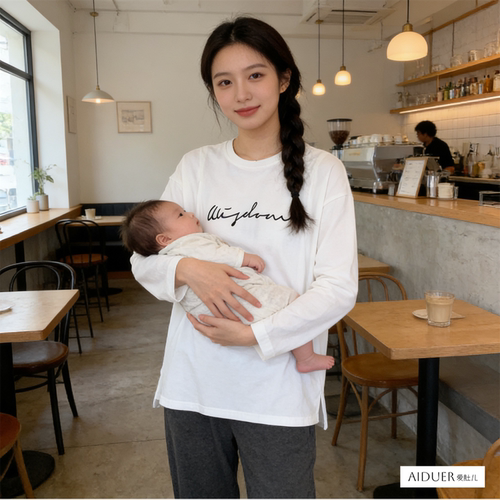 春季纯棉侧开口哺乳期外出上衣服辣妈外穿春装春秋款长袖T恤白色