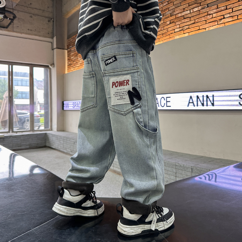 力量字母牛仔裤加绒男童秋冬款