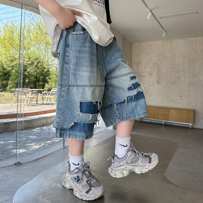 男童夏季破洞牛仔裤韩版时尚潮酷短裤2025新款中大童夏装五分中裤