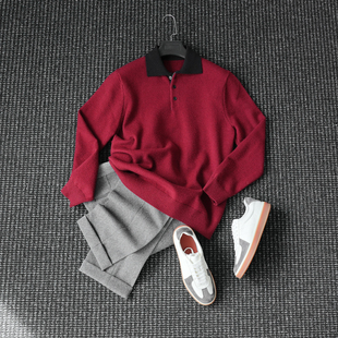 CssuGent冬季羊毛混纺 波尔多红 洋气针织毛衣男休闲翻领打底毛衣