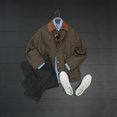 人字纹拼灯芯绒狩猎装夹克男