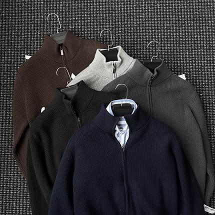 CssuGent秋冬720g重磅厚款高领双开拉链羊毛开衫外套男士商务毛衣