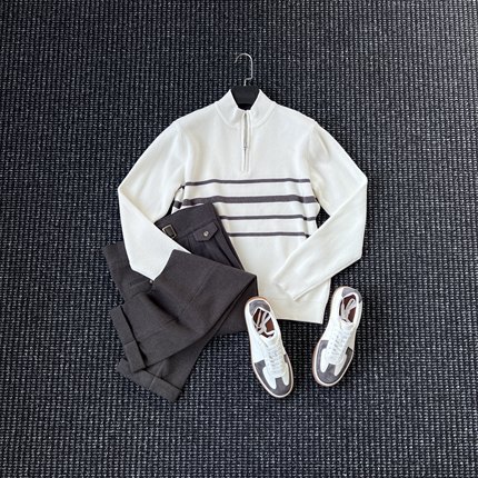 CssuGent冬季加厚款半高领条纹针织保暖毛衣男休闲时尚简约打底衫