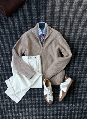 CssuGent 冬季厚款老钱风针织毛衣外套男设计美学轻奢100%绵羊毛