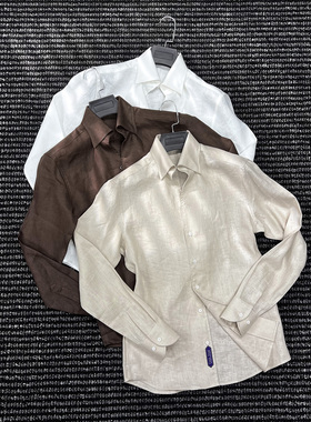 CssuGent那不勒斯皇后设计美学老钱一片领亚麻衬衫男夏季透气衬衣