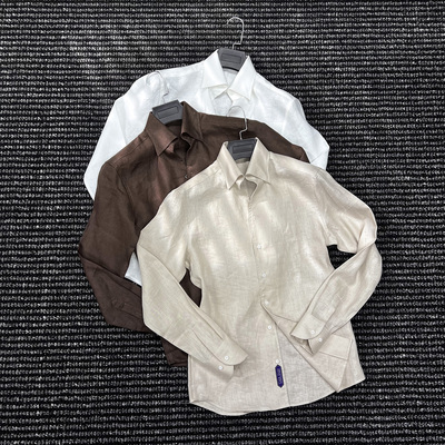 美学老钱一片领亚麻衬衫男