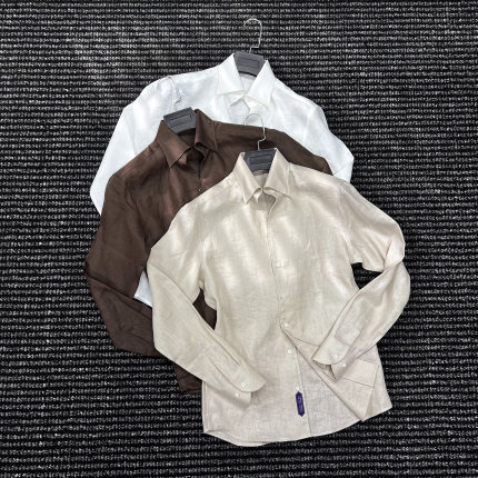 CssuGent那不勒斯皇后设计美学老钱一片领亚麻衬衫男夏季透气衬衣