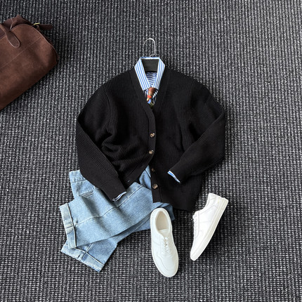 CssuGent 100%绵羊毛 冬季绅士优雅保暖毛衣开衫男休闲老钱风外套