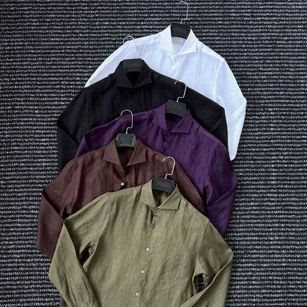 CssuGent那不勒斯皇后高定顶奢温莎领100%亚麻衬衫男透气老钱衬衣