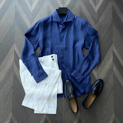 绅士优雅早秋商务绅士温莎领舒适透气100%亚麻衬衫男士休闲衬衣