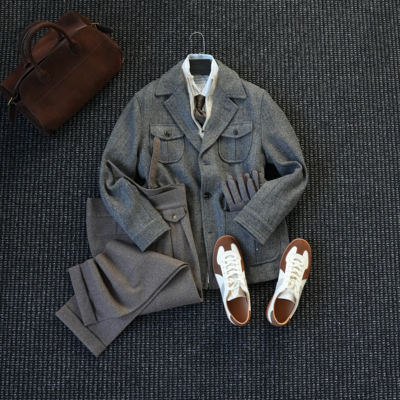 高端复古人字纹猎装夹克男绅士