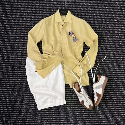 老钱风100%亚麻衬衫男