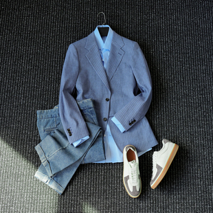 CssuGent时尚经典平驳领条纹西服男意式英伦商务通勤高定西装外套