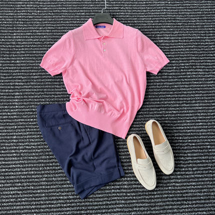 CssuGent设计美学低饱和粉色短袖针织POLO衫男高端棉麻透气T恤衫