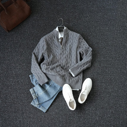 CssuGent冬季厚款麻花混纺半开高领针织毛衣男休闲老钱风痞帅线衫