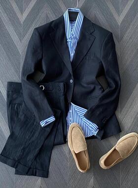 Gssu Gent 高定日本100%亚麻平驳领西服男士无结构两粒扣休闲西装