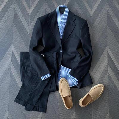 100%亚麻平驳领西服男