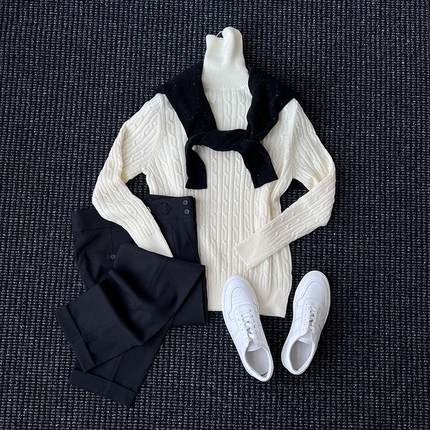 冬季老钱风时尚半高领麻花厚款针织毛衣男士绅士高级感保暖线衫