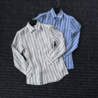 亚麻尖扣领条纹衬衫男