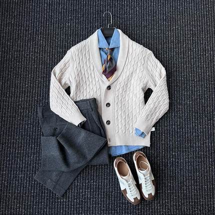 CssuGent冬季LR同款重工提花厚款绵羊毛针织开衫毛衣外套男轻熟