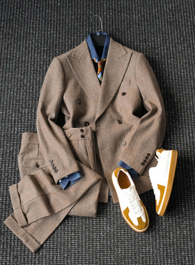 CssuGent 50%人字纹羊毛西服套装男复古绅装戗驳领双排扣西服外套