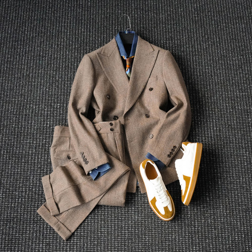 男复古绅装戗驳领双排扣西服外套