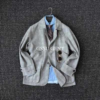 秋冬季绅装收腰亲王格羊毛夹克男士复古经典立体裁剪高定猎装外套